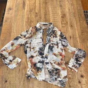 Sean John tie dye white back cut out long sleeve button up down Shirt blouse EUC